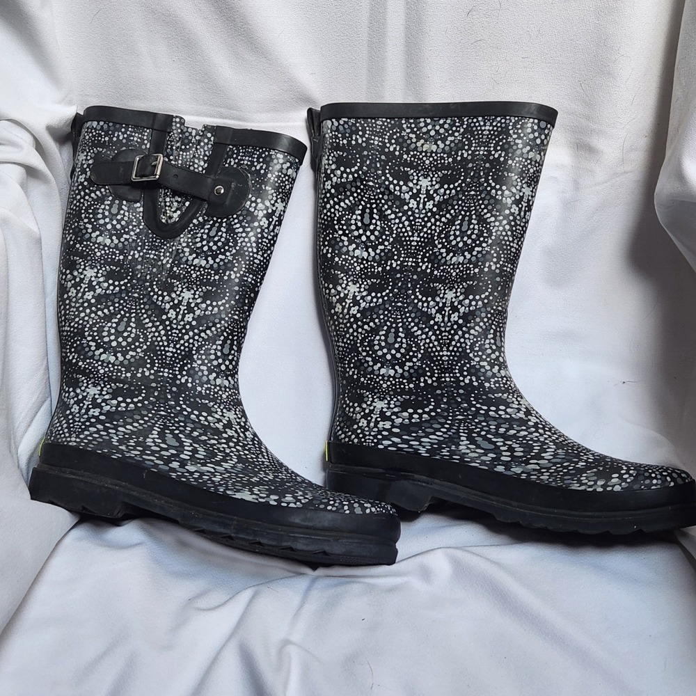 Western Chief Symphonic-Black Rain Boots Womens 10 Dotted Mandala Rubber Tall